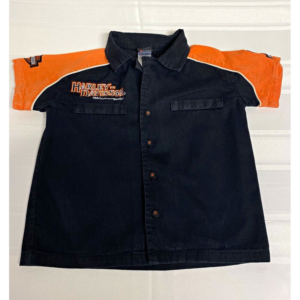Harley-Davidson Kids 4T Black/Orange Button Front Shirt w/ Logo Patches